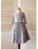 Gray Lace Long Sleeves Slit Back Knee Length Flower Girl Dress  